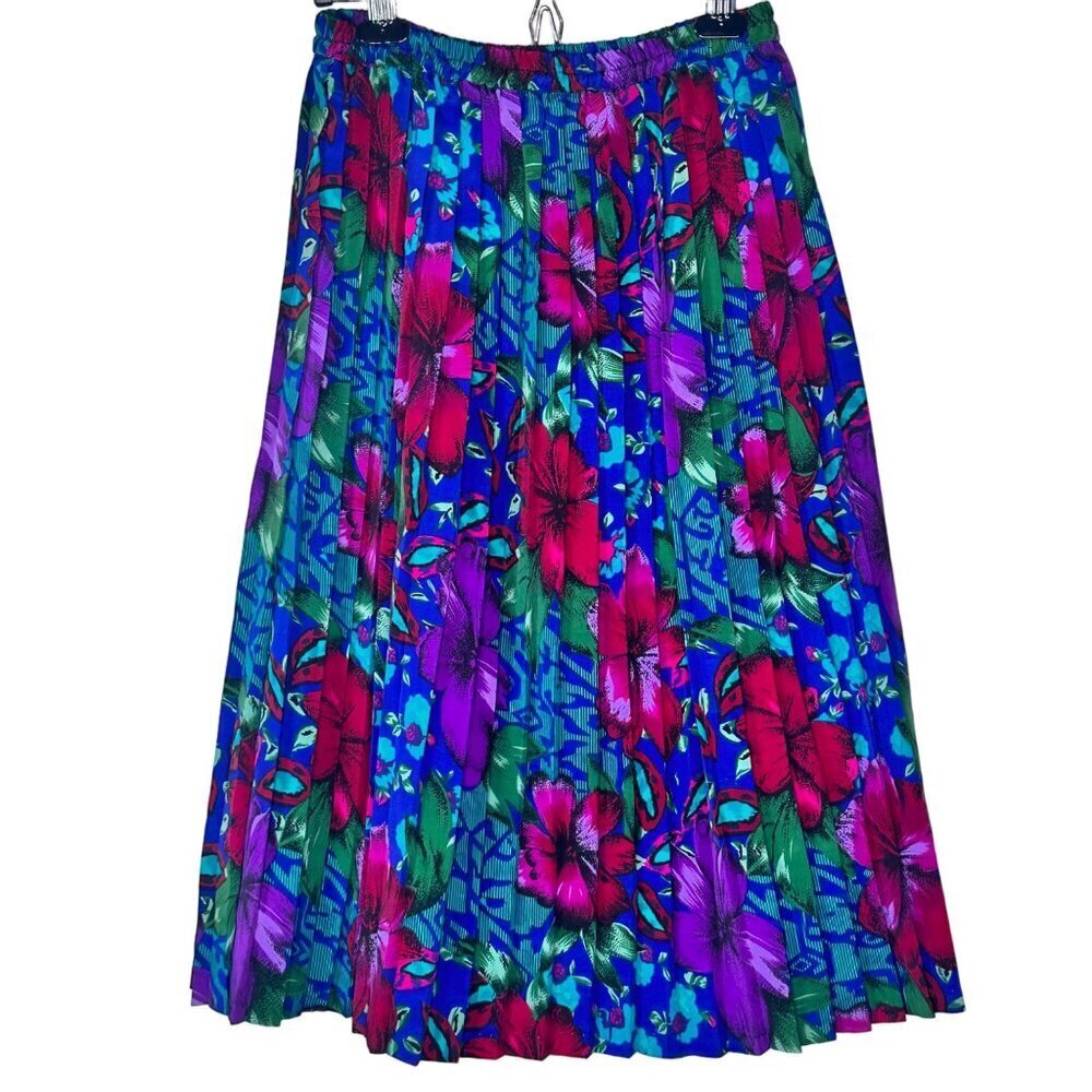 Vintage Handmade Pleated Floral Midi Skirt Blue Purple Cottage Workwear Colorful